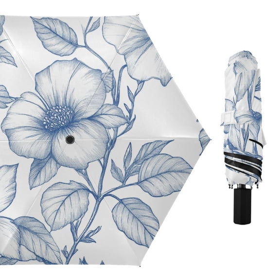 Blue Ink Flowers Leaves All Weather Umbrella Triple Folding Parasol 6 Ribs UV Protection Portable