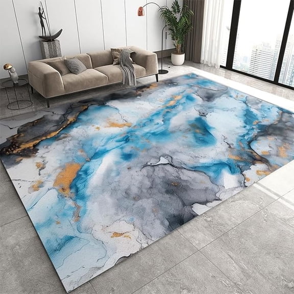 Blue Ink Marble Area Rug, Black And Grey Vortex Fluid Texture Indoor Rugs, With Anti-Slip Backing Washable Carpet For Living Room Bedroom Study Dining Room 5x6ft