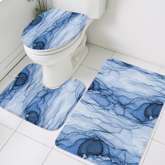 Blue Ink Marble Bathroom Rugs Set Coastal Nautical Water Ripples Abstract Non Slip Absorbent Soft Bath Mats 3 Piece Set with Bathroom Rug, U-Shaped Floor Mat, Toilet Seat Cover Small Size