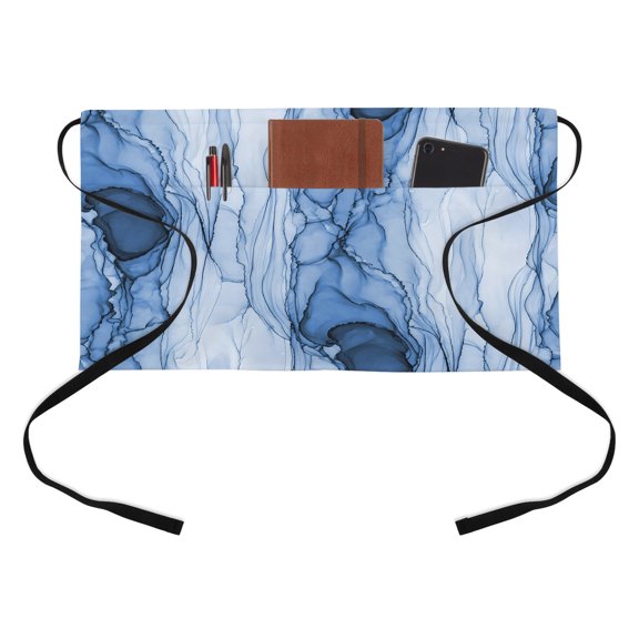Blue Ink Marble Kitchen Restaurant Half Waist Apron, Coastal Nautical Water Ripples Abstract Server Short Apron with 3 Pockets Waterproof Oil Waist Aprons for Women Waitress Waiter