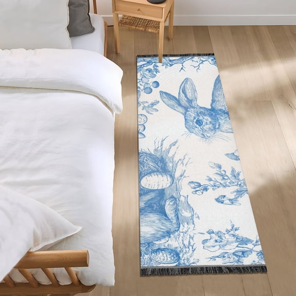 Blue Ink Rabbits Eggs Flowers Easter Bedside Runner Rug 2'x 6' Non Slip Carpet Floor Mat Area Rug