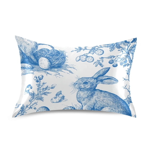 Blue Ink Rabbits Eggs Flowers Easter Satin Pillowcase Envelope Design Pillow Covers 1 Pack Standard Size 20" x 26"