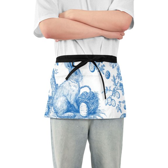 Blue Ink Rabbits Eggs Flowers Easter Short Server Apron with 3 Pockets for Unisex Chef Gardening