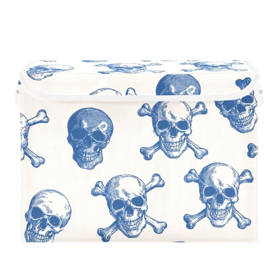 Blue Ink Skulls and Crossbone Foldable Storage Bins with Lids Handles Collapsible Storage Containers Tote Boxes 16.5 x 12.6 x 11.8 inches