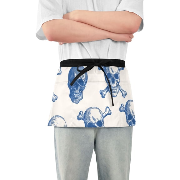 Blue Ink Skulls and Crossbone Short Server Apron with 3 Pockets for Unisex Chef Gardening