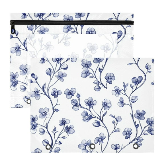 Blue Ink Small Florals 3-Ring Binder Pouches A4 Size Zipper Pocket File Storage 2 Packs