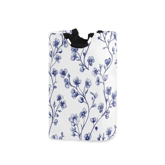 Blue Ink Small Florals Laundry Basket with Handles Foldable Laundry Hamper Freestanding Washing Bin 50L