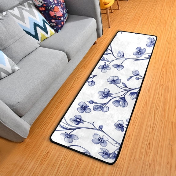 Blue Ink Small Florals Long Floor Mat Runner Rug Area Mat Noise Reduction Water Absorbent Non-Slip 72" x 24"