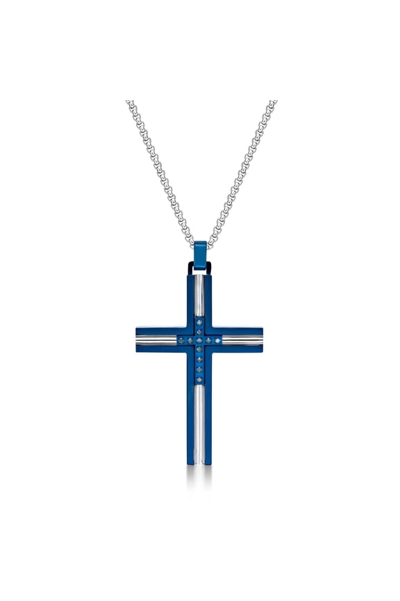 Blue Ion Plated Stainless Steel Cross Pendant with 0.08 Blue Diamond - 24 Inch Round Box Chain