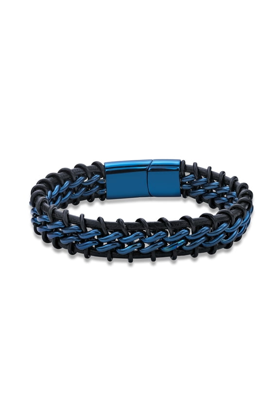 Blue Ion Plated Stainless Steel and Black Leather Bracelet with Magnetic Closure