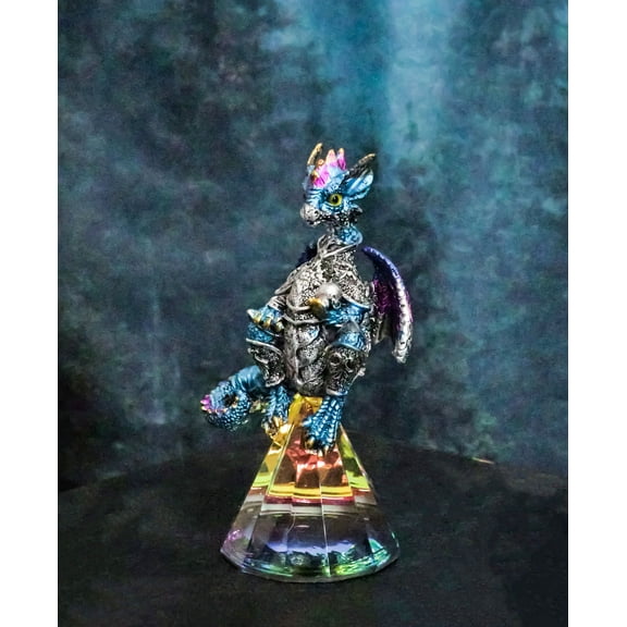Blue Iridescent Armored Rainbow Wyrmling Dragon With Faux Crystal Prism Figurine