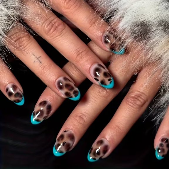 Blue Iridescent Leopard Print Short Oval False Nails 24Pcs