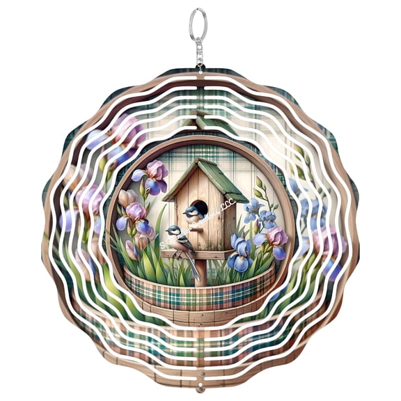 Blue Iris Birdhouse 3D Wind Spinner, Spring Floral Metal Ornament, Kinetic Garden Decor, Nature Lover Gift