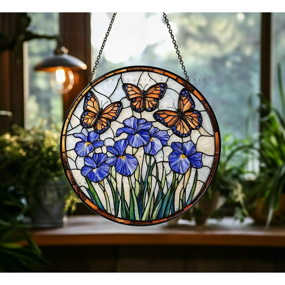 Blue Iris Butterfly Stained Glass Suncatcher for Christmas Decor, Window Hanging, Art Gift for Butterfly Lover Flower, Ornament Gift for Mom