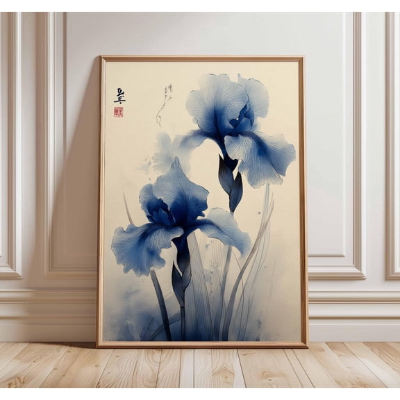 Blue Iris Flower Japanese Botanical Floral Elegant Oriental Artwork Unframed Paper Print