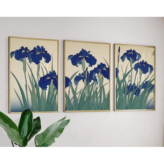 Blue Iris Flower Triptych, Japanese Botanical Wall Art Posters, Stretched Canvas