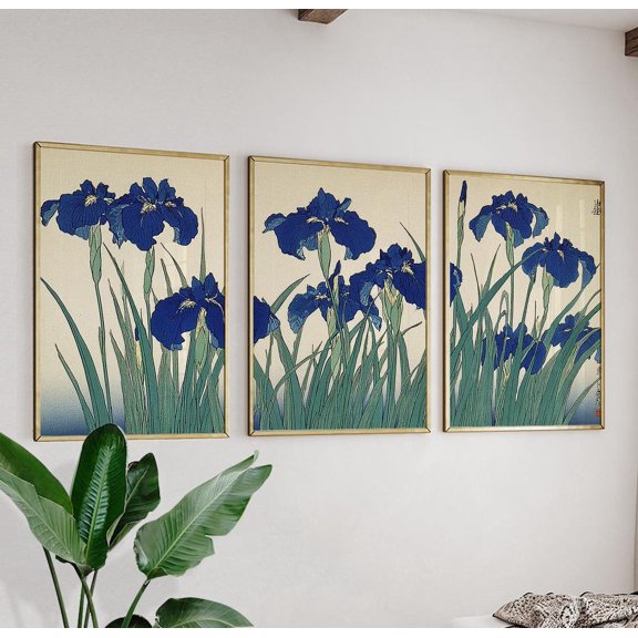 Blue Iris Flower Triptych Japanese Botanical Wall Art Set 3 Unframed Paper Print 16x24