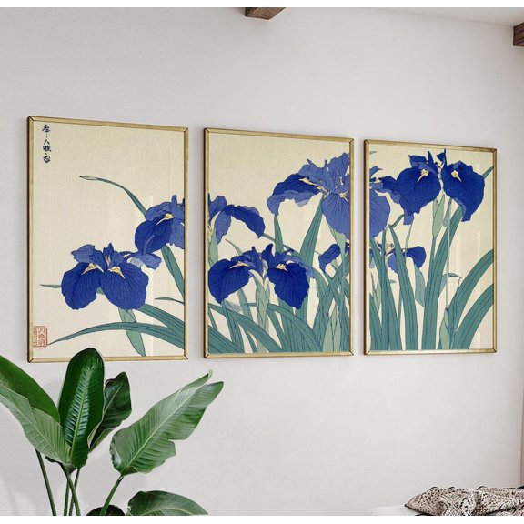 Blue Iris Flower Triptych Japanese Botanical Wall Art Version 2 Set 3 Unframed Paper Print 16x24