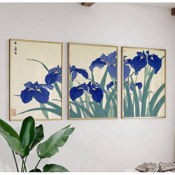 Blue Iris Flower Triptych Japanese Botanical Wall Art Version 2, Stretched Canvas