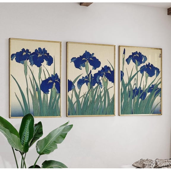 Blue Iris Flower Triptych Japanese Botanical Wall Art Version Two Set 3 Unframed Paper Print 8x12