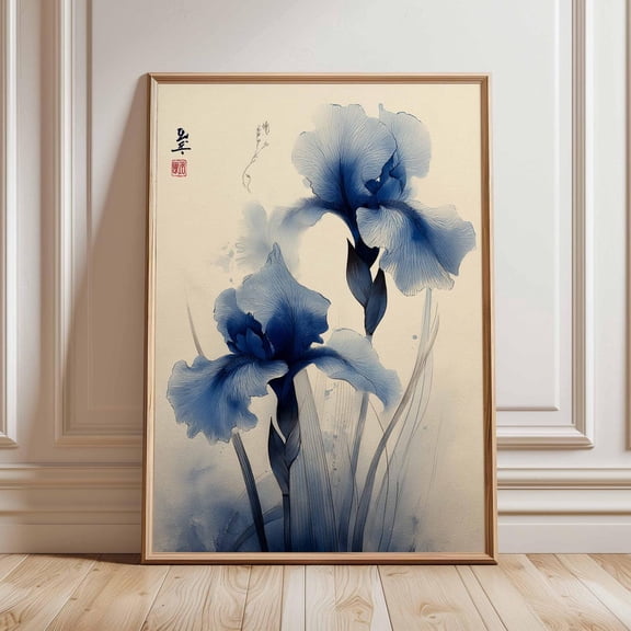 Blue Iris Flower Wall Art Japanese Botanical Poster Japanese Floral Print Elegant Oriental Artwork Modern Nature Home Decor