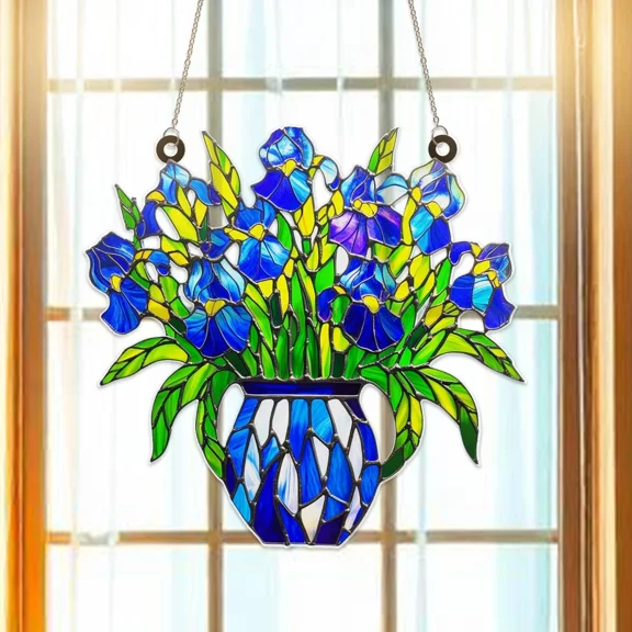 Blue Iris Flowers Acrylic Suncatcher Window Hanging Ornament