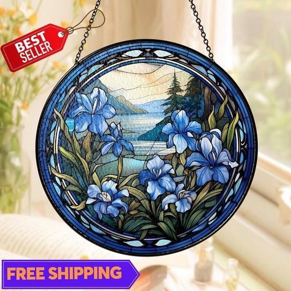 Blue Iris Mountain Suncatcher, Glass-Effect Round Lake & Forest Panel