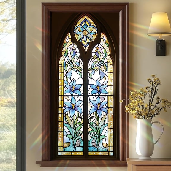 Blue Iris Stained Glass Window Film 17.7 x 39.3 Inch Gothic Arch Floral Static Cling Privacy Window Sticker No Glue Reusable UV Protection Decorative Glass Door Bathroom Panel