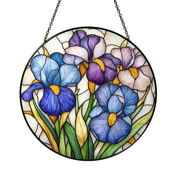 Blue Iris Window Suncatcher, Stained Glass Inspired Hanging Ornament for Flower Lovers and Nature Homes