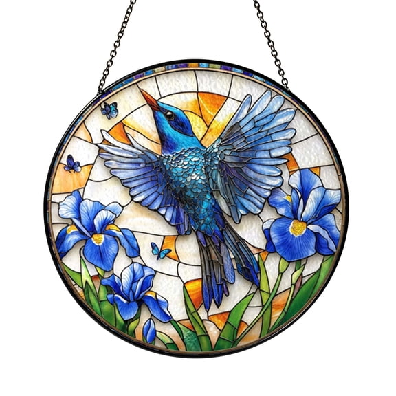 Blue Iris and Bluebird Stained Glass Style Suncatcher – Window Decor