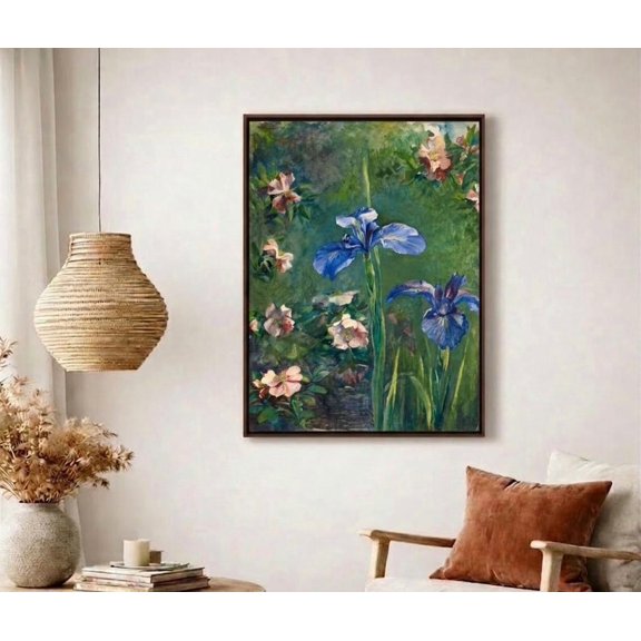 Blue Iris and Wild Roses Painting Canvas, Floral Art Print, Dark Green Background Botanical Decor, Fine Art Print for Home, Poster Only