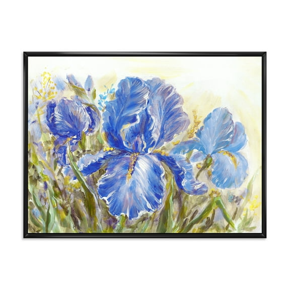 Blue Irises Blossoming Flowers 20 in x 12 in Framed Painting Canvas Art Print, by Designart