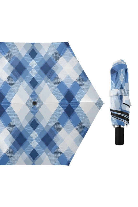 Blue Irregular Plaids All Weather Umbrella Triple Folding Parasol 6 Ribs UV Protection Portable