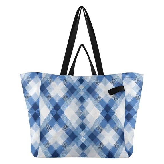 Blue Irregular Plaids Foldable Canvas Tote Bags Reusable Grocery Bags Laundry Bags Beach Bag 32L