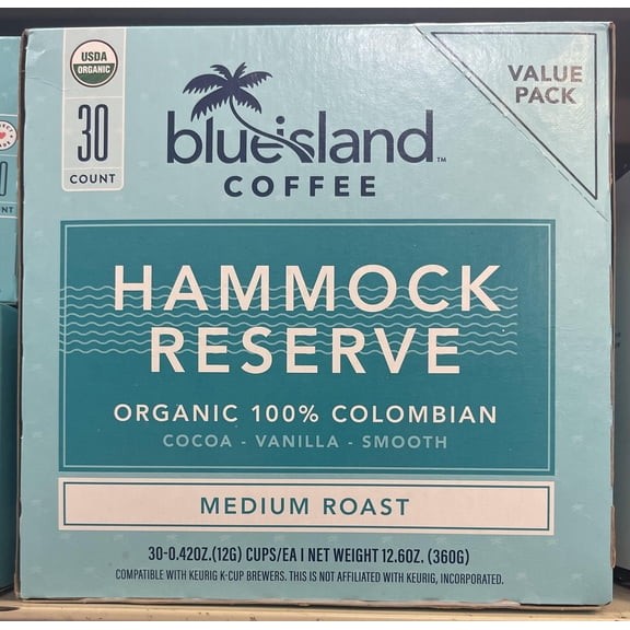 Blue Island Coffee pods Medium Roast HAMMOCK RESERVE. Organic coffee. 30 count per box. 100% Columbian coffee pods. Compatible with Keurig