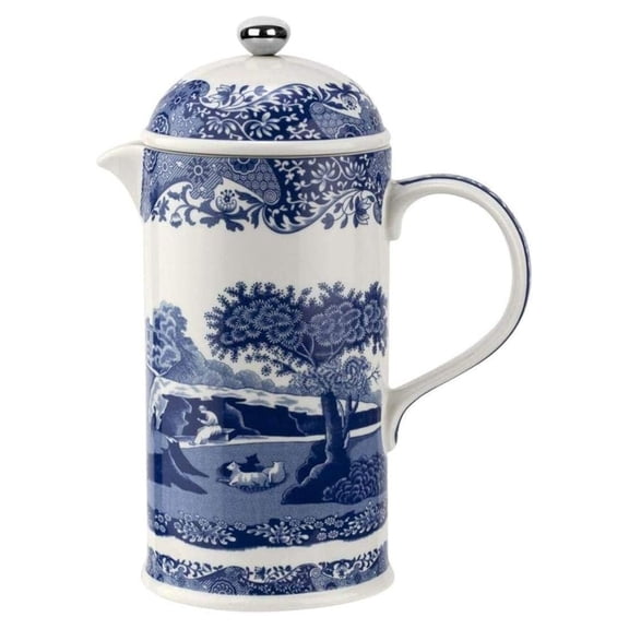 Blue Italian French Press | 28-Ounce Capacity | Espresso, Coffee, and Tea Maker | Porcelain Cafetiere | Stainless Steel Plunger | Dishwasher Safe (Blue/White)