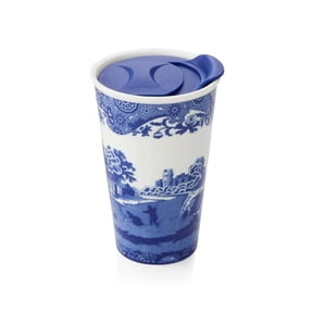 Spode Blue Italian 8oz Porcelain Travel Mug with Lid Scenic Patterned Drinkware with Decorative Border - Portable Ceramic Coffee Cup for Brunch, Tea, On-the-Go Hot Beverage Moments