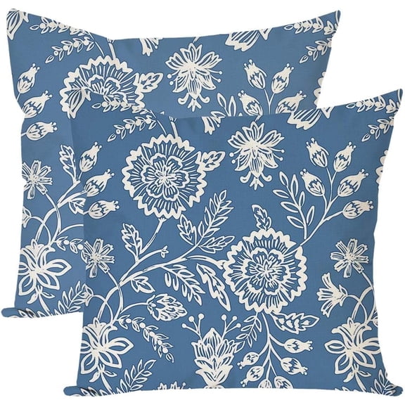 Blue Jacobean Floral Throw Pillow Covers 18x18 Inch Vintage Cottage Outdoor Farmhouse Decorations Decorative Throw Pillows Cases Set of 2 for Home Bed Living Room Couch Decor