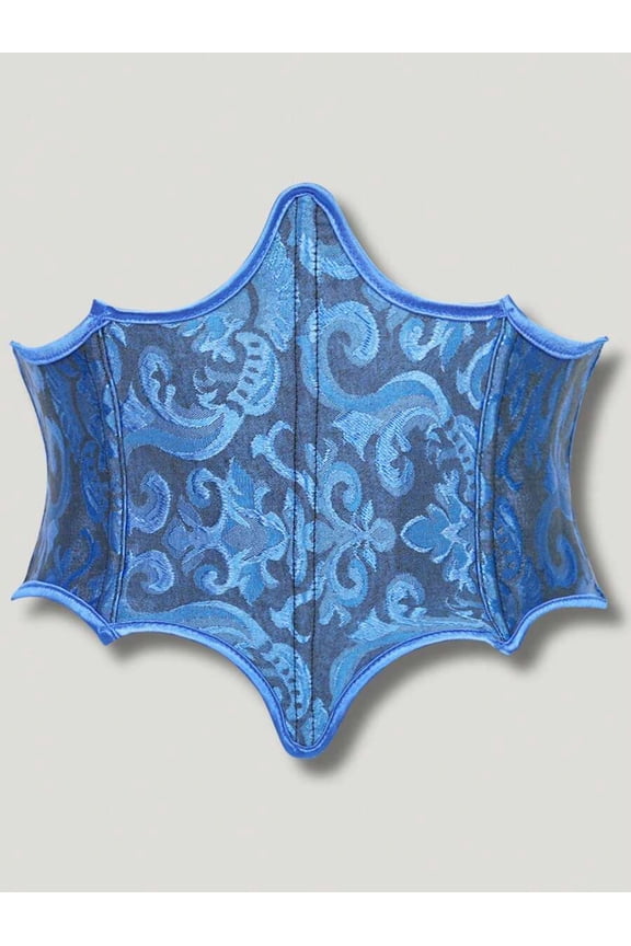 Blue Jacquard Floral Waist Cincher Corset With Scalloped Edge