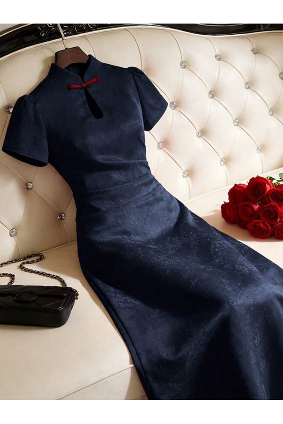 Blue Jacquard Satin Qipao Dress, Short Sleeve Button Front Cheongsam