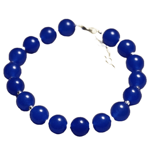 Blue Jade 10mm Round Shape Smooth Cut Beads 7 inch Silver Plated Clasp Bracelet for men, women, unisex. Link Chain Stacking Bracelet.|LINK_01471