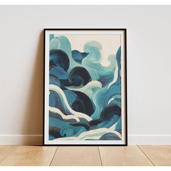 Blue Japandi Wave Art Print, Minimalist Zen Ocean Poster UNFRAMED Poster, Wall Art for Decor, Present, 8x12