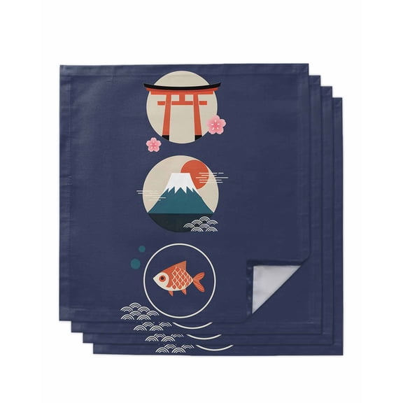 Blue Japanese Cloth Napkins Set of 4 Reusable Dinner Napkins, Harmony Cherry Mount Fuji Cartoon Wave Fish Cocktail Napkin Washable Table Napkins for Wedding/Holiday Party/Baby Shower 20"x20"