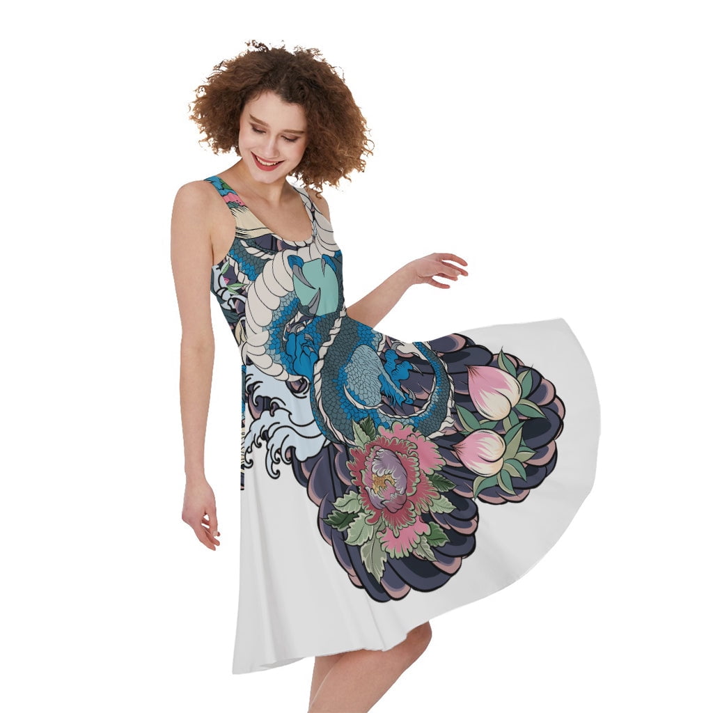 NOBRAND Blue Japanese Dragon Tattoo Print Sleeveless Knee Length Dress, Dragons Fashion Summer Maxi Dress For Women., Women's, Size: Small NOBRAND Blue Japanese Dragon Tattoo Print Sleeveless Knee Length Dress, Dragons Fashion Summer Maxi Dress For Women., Women's, Size: Small