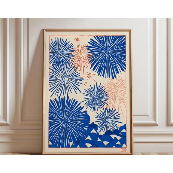 Blue Japanese Fireworks Graphic Radial Burst Illustration Modern Asian Wall Art, Unframed Paper Poster 8x10in