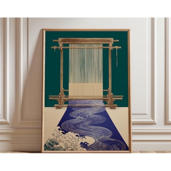 Blue Japanese Loom Textile Weaving Indigo Line Wall Art Print, Unframed Paper Poster 8x10in