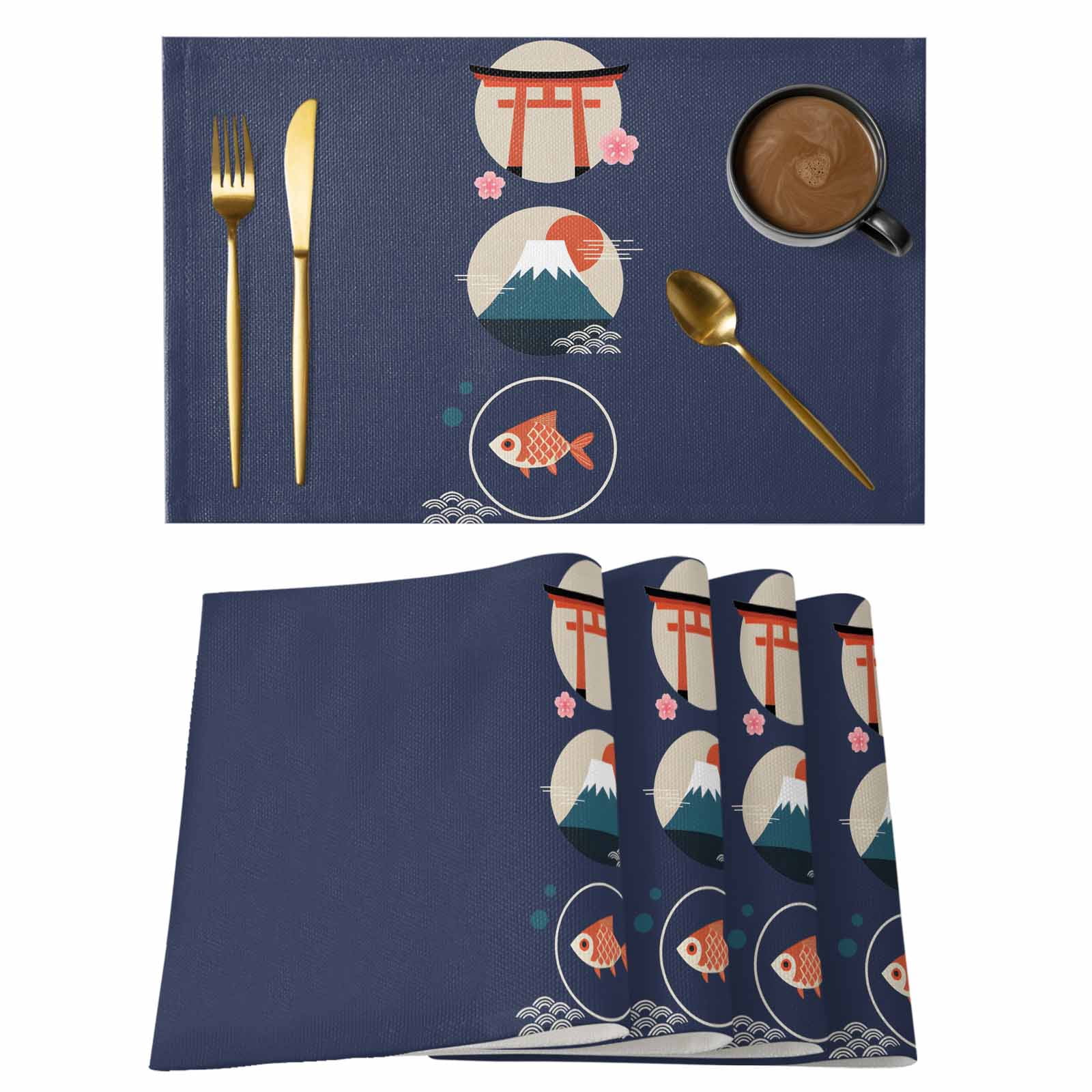 Blue Japanese Placemats Set of 4, Harmony Cherry Mount Fuji Cartoon ...