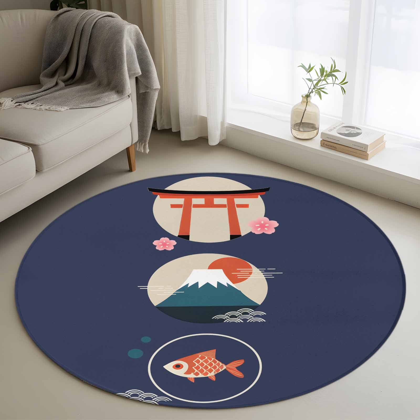2d Japanese Rug Blue Japanese Round Rug 3ft Washable Circle Entryway Rugs Non Slip ...