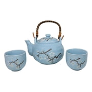 Blue Japanese Sakura Cherry Blossom Ceramic Tea Pot And 2 Cups Set Bamboo Handle