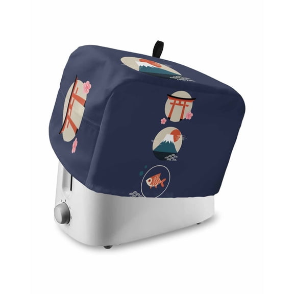 Blue Japanese Toaster Cover 2 Slice, Small Kitchen Appliance Covers, Harmony Cherry Mount Fuji Cartoon Wave Fish Toaster Oven Cover with Loop, Bread Machine Cover Polyester Dust Cover Protection
